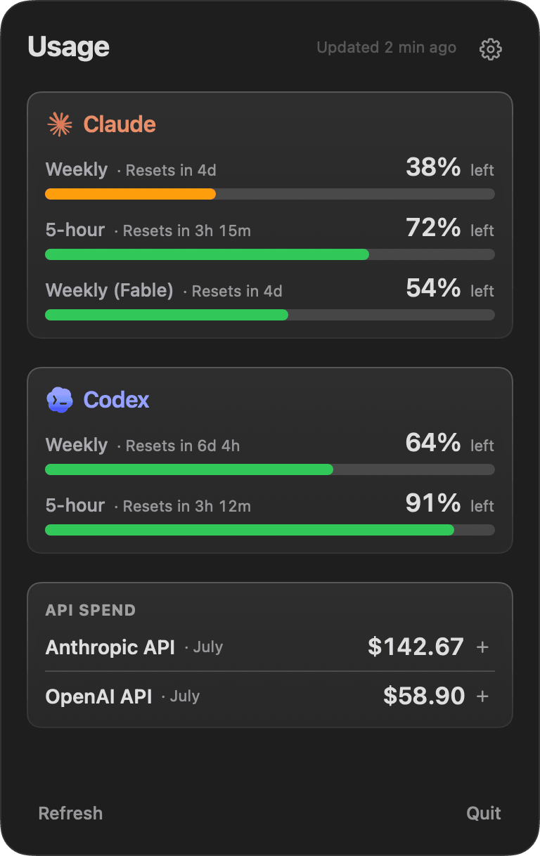 Headroom usage popover: Claude and Codex limits, reset times, and API spend