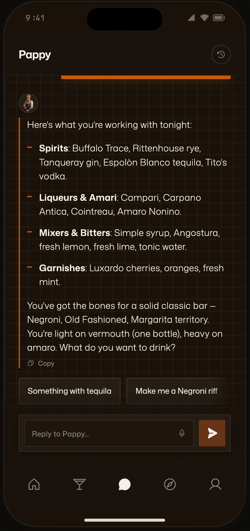2026 Pappy live chat listing the spirits, liqueurs, mixers, and garnishes on hand tonight
